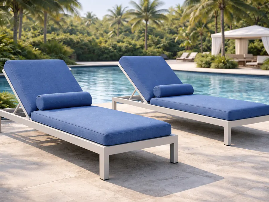 Aquadise chaise lounges with blue cushions beside a resort pool