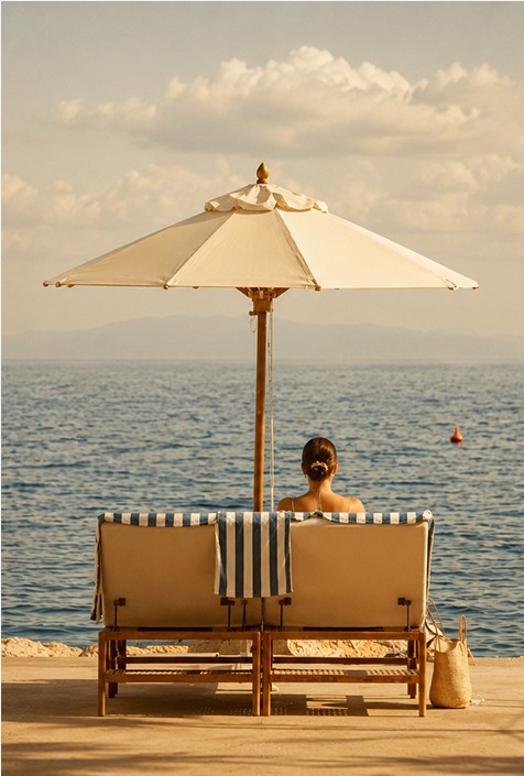 Umbrella and lounge area beside resort water